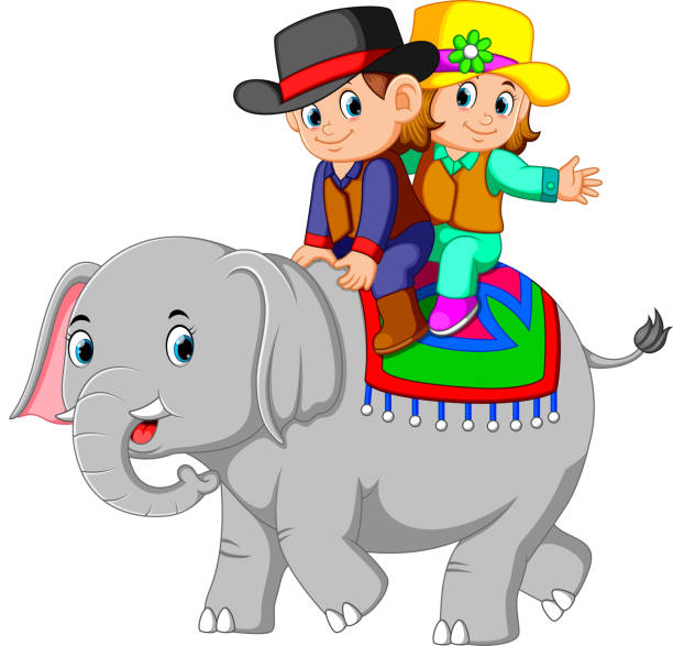 子供たちが楽しくかわいい象に乗る - picture hat点のイラスト素材／クリップアート素材／マンガ素材／アイコン素材