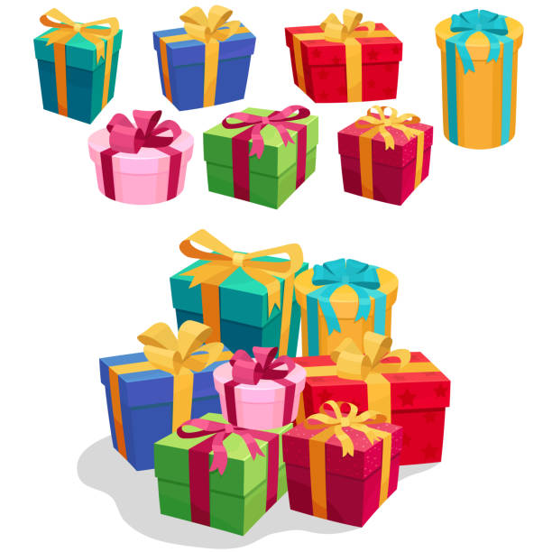 ilustrações, clipart, desenhos animados e ícones de caixas de presente conjunto com fita vermelha e arco. vector - presente de natal