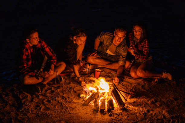 istock young couples have picnic with bonfire on the beach 1059367830