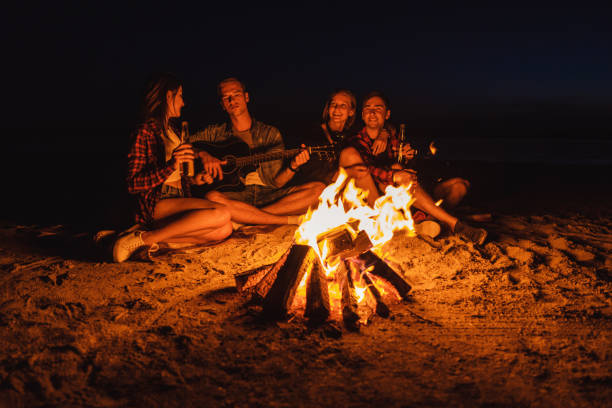 istock young friends have picnic with bonfire on the beach 1059367908