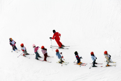 Aerial shot of a group of young skiers and instructor