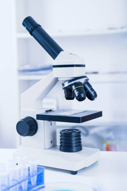 Laboratory microscope lens.modern microscopes in a lab. stock photo