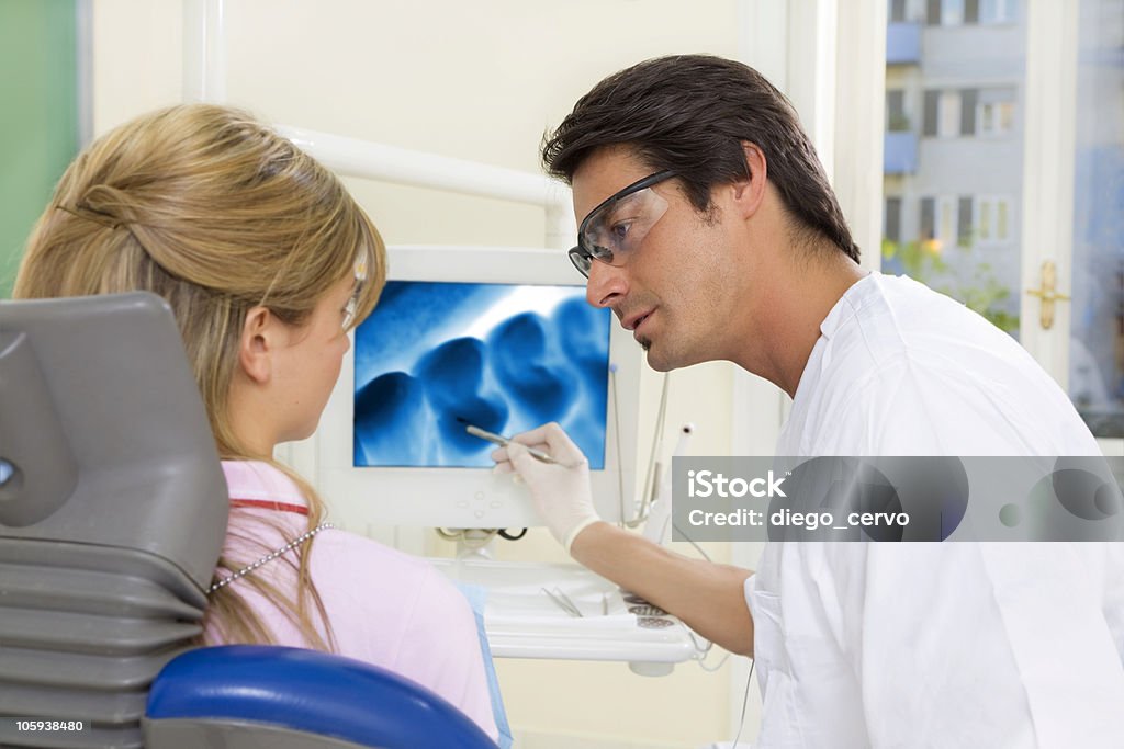 Male dentist showing young woman the x-ray of teeth dentist talking to his patient and showing her a x-ray image of her teeth Adult Stock Photo