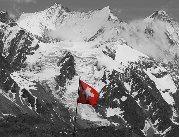 istock Swiss flag with black & white mountains 105939126