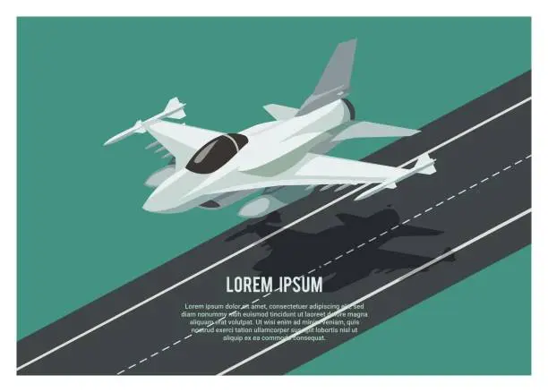 Vector illustration of fighter jet plane landing/take off over the runway