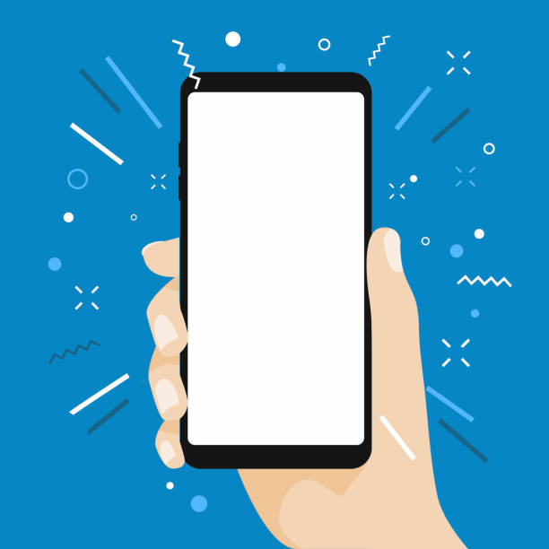 ilustraciones, imágenes clip art, dibujos animados e iconos de stock de mano que sostiene el diseño plano del teléfono inteligente de pantalla en blanco sobre fondo azul. - hand holding phone