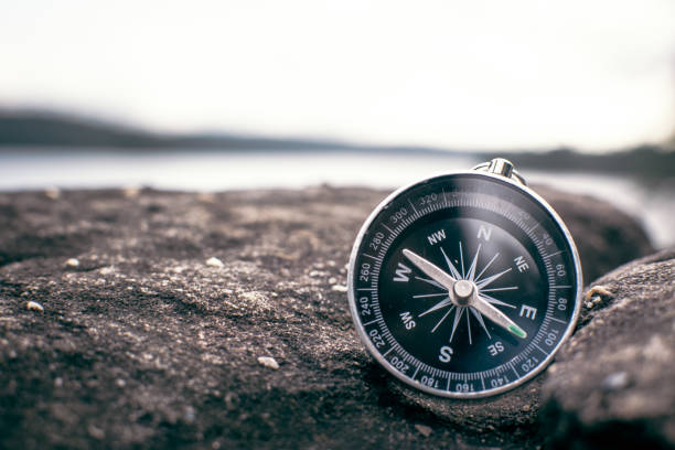 istock Close-Up Of Navigational Compass On Stone Wall By Lake 1059417438