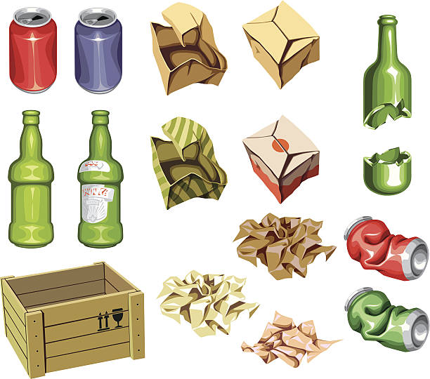 ilustrações, clipart, desenhos animados e ícones de os ícones definido: pacote e lixo - scrap metal part of metal recycling