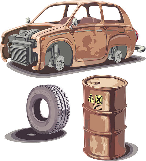 Old and rusty stuff Old broken rusty car, rusty oil barrel and used obsolete tire with a dirty stains... broken car stock illustrations