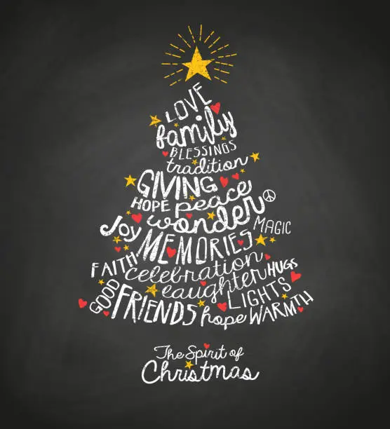 Vector illustration of Holiday greeting card with inspiring handwritten words in Christmas tree shape. Word Cloud design.