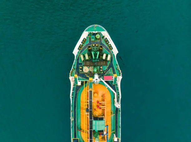 Aerial view of sea freight, Green,yellow oil tanker ship, Lpg, Cng at industrial estate Thailand / Crude Oil tanker to Port of Singapore - import export around in the world