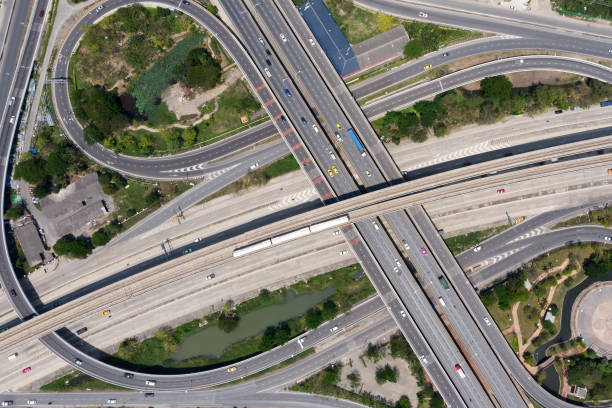 istock Railway tracks / Expressway top view, Road traffic an important infrastructure - Showing passenger trains 1059439880