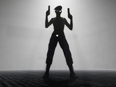 3d illustration of a female soldier silhouette holding two hand guns.