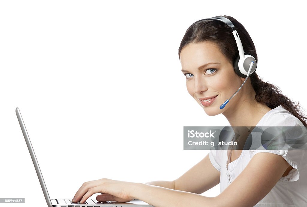 Opérateur de téléphonie de soutien dans casque au lieu de travail, isolé sur blanc - Photo de Adulte libre de droits