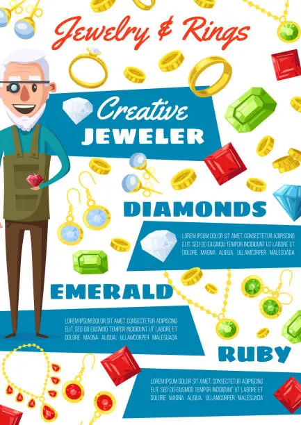 Vector illustration of Jeweler man and gemstone jewels, vector