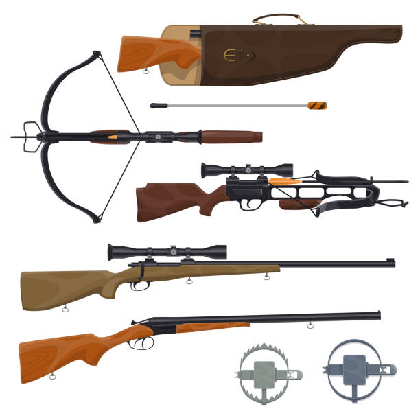 Hunting equipment and gun, vector Hunting equipment and weapons icons. Vector rifle gun in holster, arbalest or crossbow arblast with optical sight and trap.Wild animals or hunt shooting training theme hunting stock illustrations