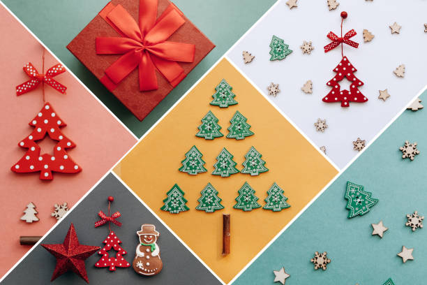 istock Creative idea various Christmas toys and things on multi-colored backgrounds. 1059461420