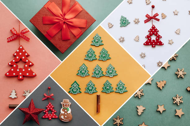 istock Creative idea various Christmas toys and things on multi-colored backgrounds. 1059461432