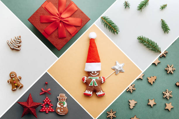 istock Creative idea various Christmas toys and things on multi-colored backgrounds. 1059461484