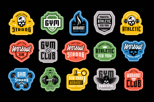 satz von emblemen, tags und abzeichen für fitness, training, sportverein - bone font stock-grafiken, -clipart, -cartoons und -symbole