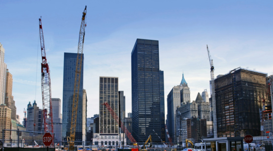 city view of New York (USA) showing a big construction site surrounded by skyscrapers at Ground Zero