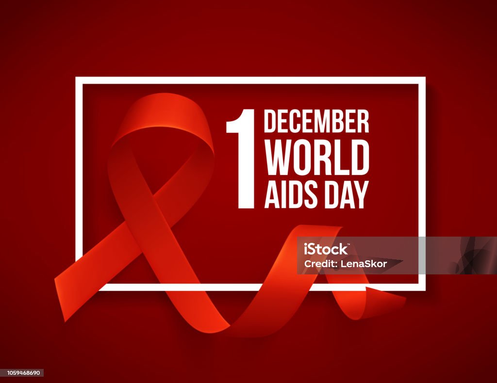 Баннер с реалистичной  красной лентой. Плакат с символом Всемирного дня помощи, 1 декабря. Шаблон дизайна, вектор. - Векторная графика World AIDS Day роялти-фри