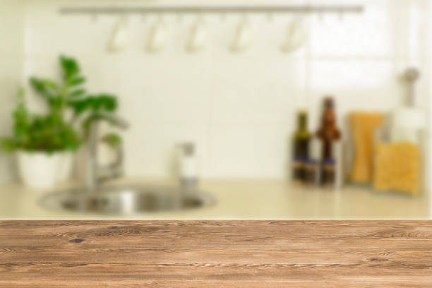 istock Wooden table top on blur interior background 1059468764