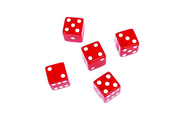 istock Five red plastic casino dice showing random numbers 105946950