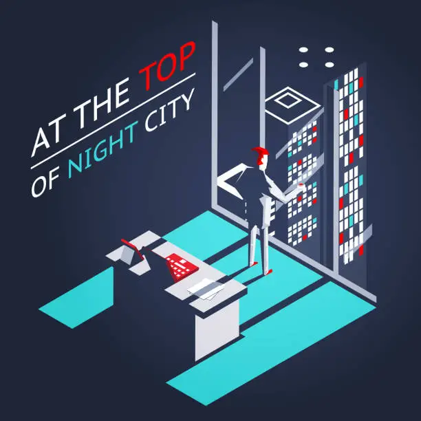 Vector illustration of Businessman top night city penthouse office workroom laptop documents isometric flat design concept vector illustration