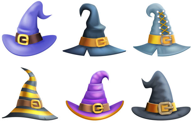 Witch hat halloween children costume kid masquerade party 3d cartoon icons set vector illustration Witch hat halloween children kid costume masquerade party 3d cartoon icons set vector illustration wizard head stock illustrations