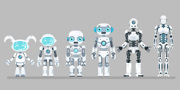 robot android inovace technologie science fiction budoucí ploché design ikony nastavit vektorovou ilustraci - kyborg robot stock ilustrace