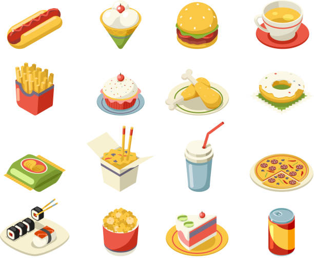 izometryczne ikony fast food 3d ustawiają płaską ilustrację wektorową projektową - unhealthy eating stock illustrations