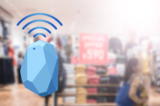 istock Beacon device home and office radar. Use for all situations. with network connect signal graphic and blur background at the shopping mall. 1059488642