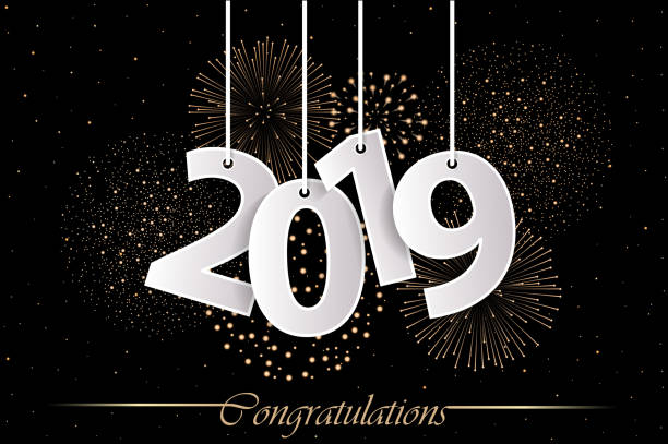 istock 2019 greeting card concept with paper cuted white numbers on ropes and fireworks. Vector illustration 1059492130