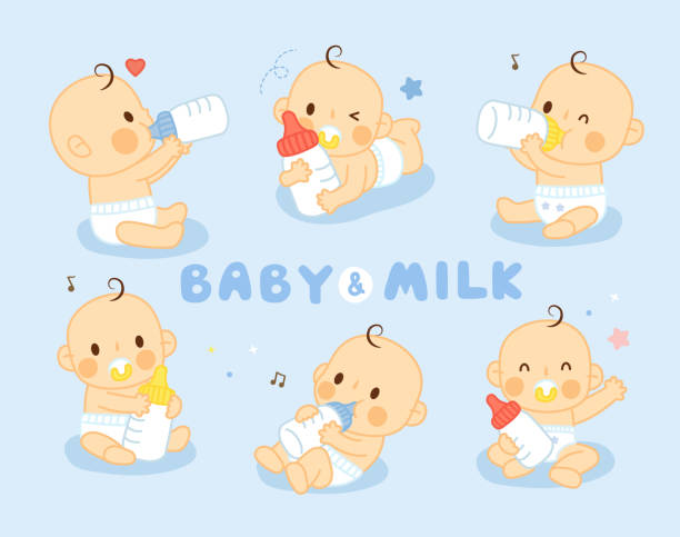 illustrazioni stock, clip art, cartoni animati e icone di tendenza di impostare latte per l'alimentazione del bambino carino - diaper baby crawling cartoon