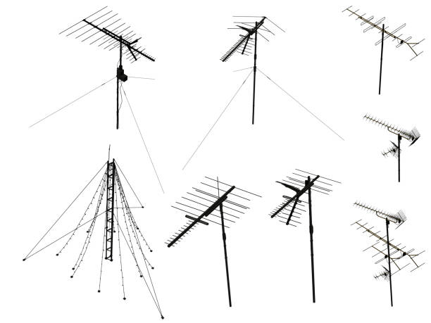 illustrazioni stock, clip art, cartoni animati e icone di tendenza di impostato con antenne - tower isometric communications tower antenna