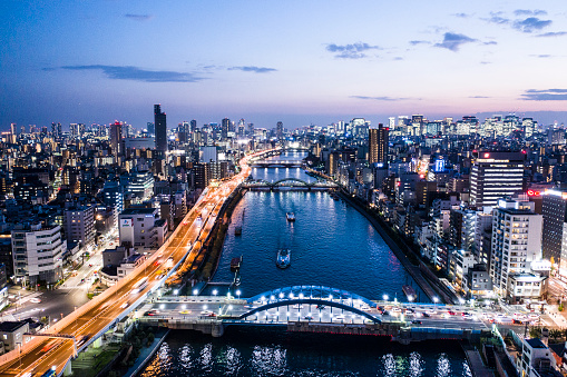 Tokyo cityscape where night view and river can be seen