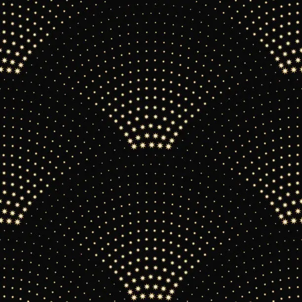 Vector illustration of Vector abstract seamless wavy pattern with geometrical fish scale layout. Golden metallic stars on a dark black background. Fan shaped Christmas garlands. Holiday firework gold decoration, wrapping paper, wallpaper