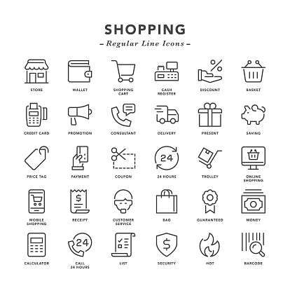 Shopping - Regular Line Icons - Vector EPS 10 File, Pixel Perfect 30 Icons.
