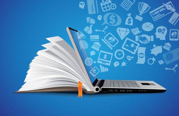it komunikace - e-learning - internetová síť jako znalostní báze - knihovna školní budova stock ilustrace