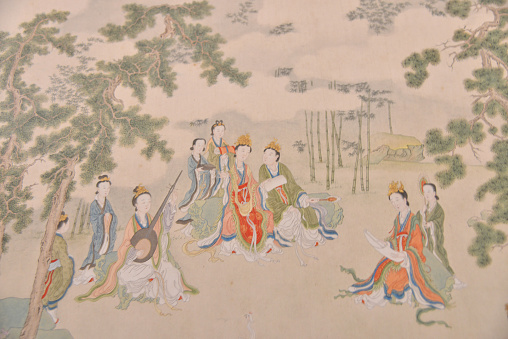 Part of Chinese ancient painting,antique,women sitting under the pine tree.