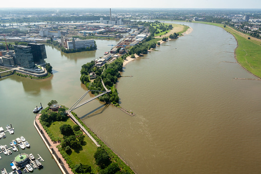 Aerial view of the Rhine river in Düsseldorf, Germany.