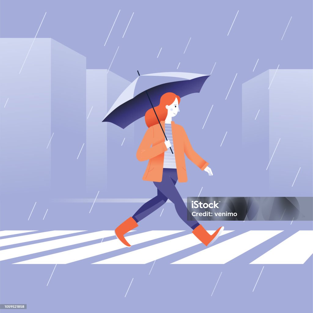 Vector illustration in flat simple style -  autumn concept Vector illustration in flat simple style -  autumn concept - girl walking in the rain in orange coat with umbrella Umbrella stock vector