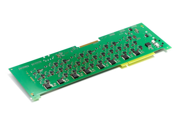 istock Electronic printed circuit board with chips and other components, green color, back side, angled view, isolated on white background 1059522096