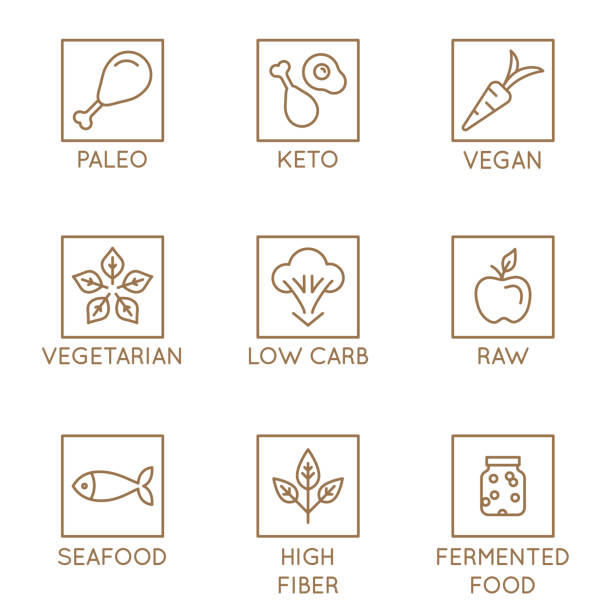 Vector set of simple linear icons - healthy nutrition and dieting - paleo, keto, vegan food Vector set of simple linear icons - healthy nutrition and dieting - paleo, keto, vegan food - badges for  natural healthy products packaging atkins diet stock illustrations