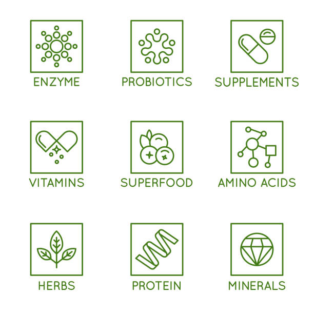 vektor-set von icons und buttons für verpackungen für natürliche gesundheitsprodukte, vitamine, nahrungsergänzungsmittel - protein stock-grafiken, -clipart, -cartoons und -symbole