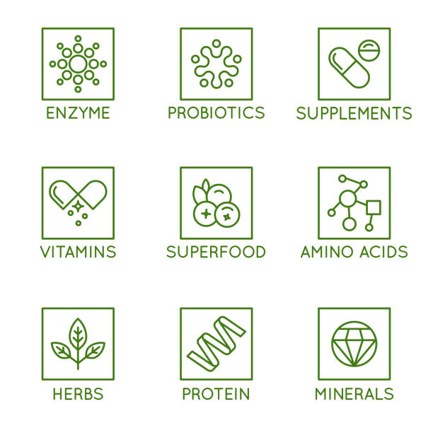 아이콘 및 자연 건강 제품, 비타민, 포장에 대 한 기장의 벡터 집합 보충 - nutritional supplement merchandise healthcare and medicine healthy lifestyle stock illustrations