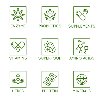 Vector set of icons and badges for packaging for natural health products, vitamins, supplements - healthy eating and dieting - set of design elements for organic and bio products
