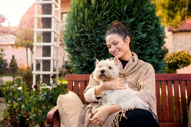 istock Cheerful young woman with cute dog 1059527334