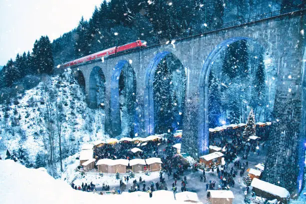 Traditional christmas market in the Ravenna gorge, Germany. Amazing winter view.